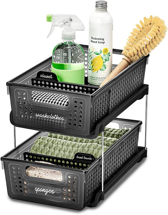 Two-Tier Slide-Out Organizer with Handles and Dividers for Home and Bath