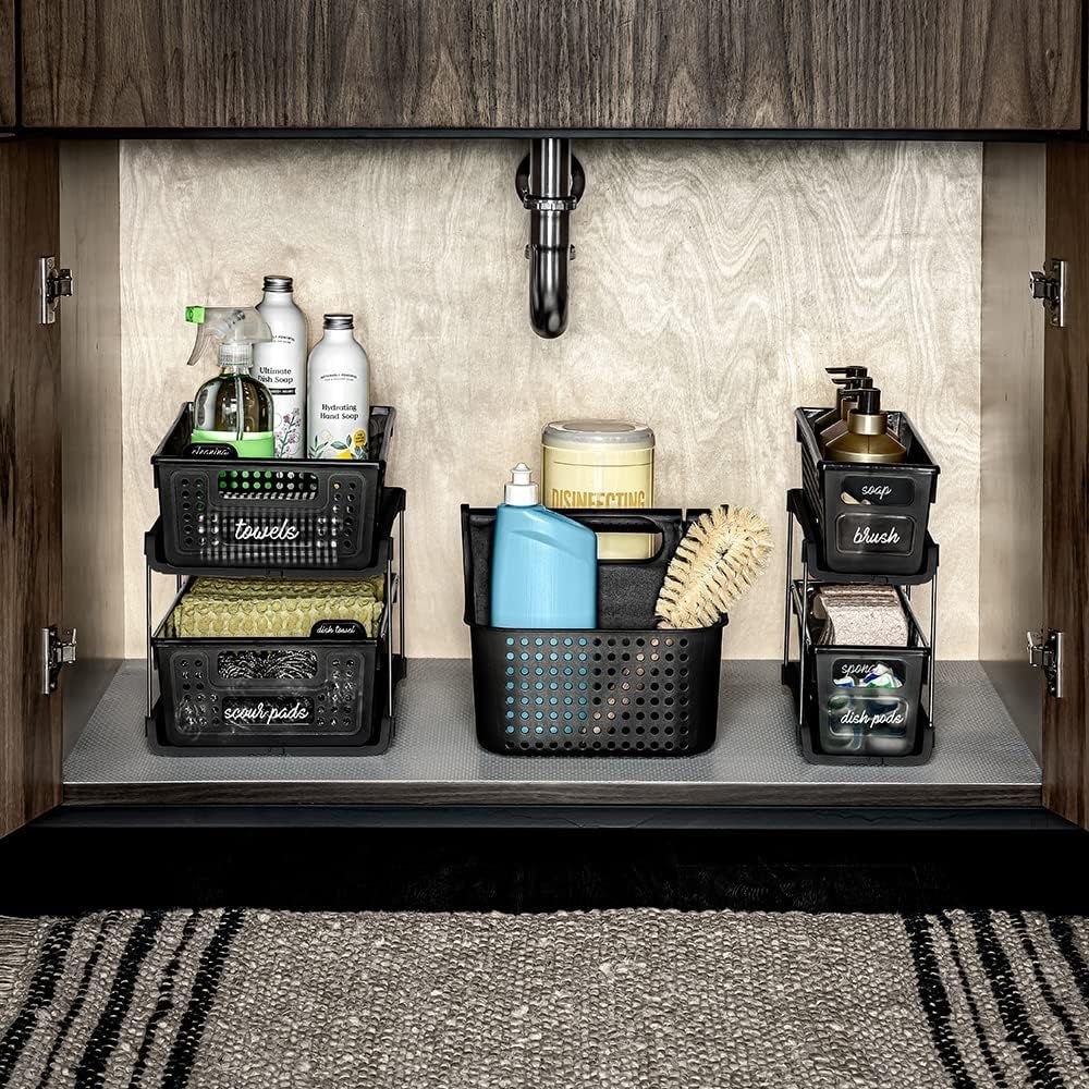Two-Tier Slide-Out Organizer with Handles and Dividers for Home and Bath