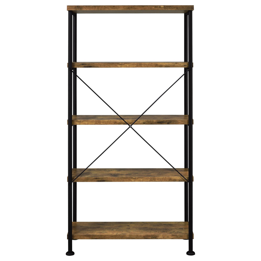 Antique Nutmeg and Black 4-Shelf Bookcase with Industrial Charm