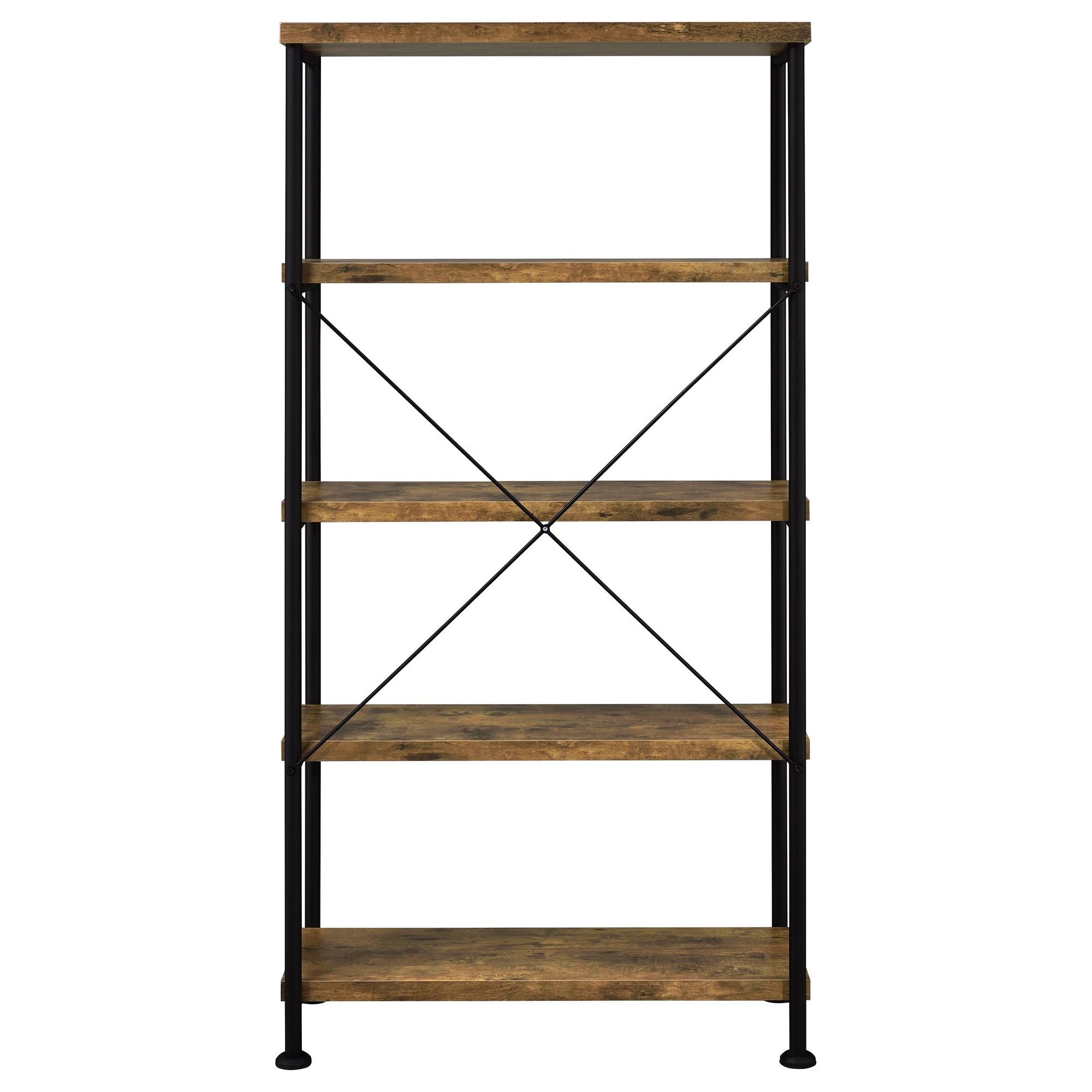 Antique Nutmeg and Black 4-Shelf Bookcase with Industrial Charm