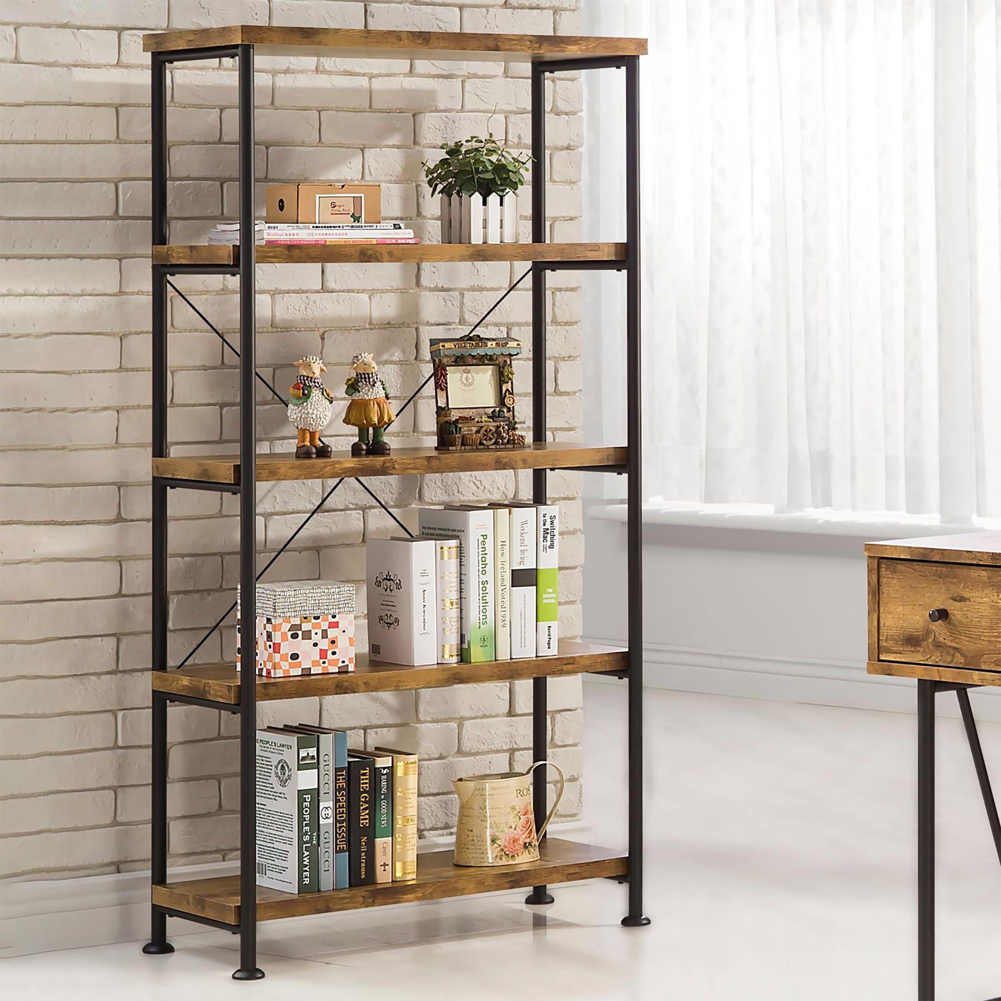 Antique Nutmeg and Black 4-Shelf Bookcase with Industrial Charm