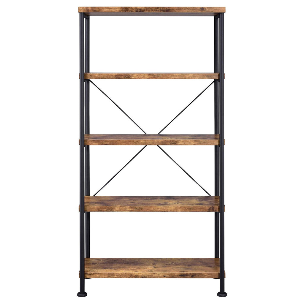 Antique Nutmeg and Black 4-Shelf Bookcase with Industrial Charm