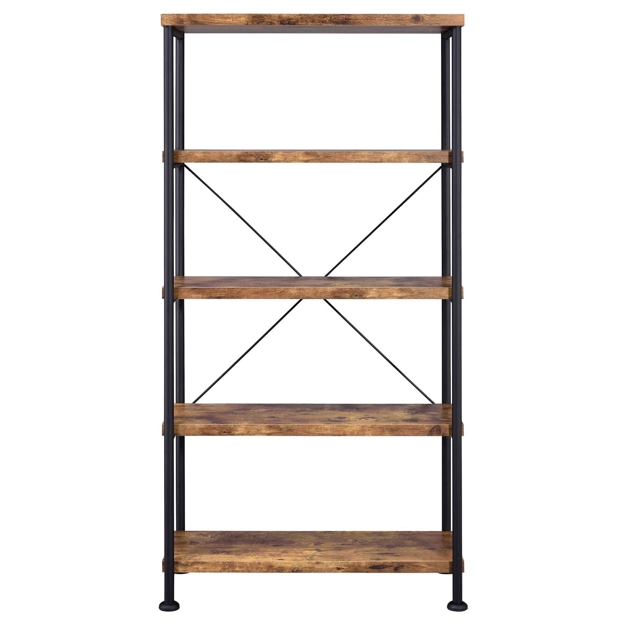 Antique Nutmeg and Black 4-Shelf Bookcase with Industrial Charm