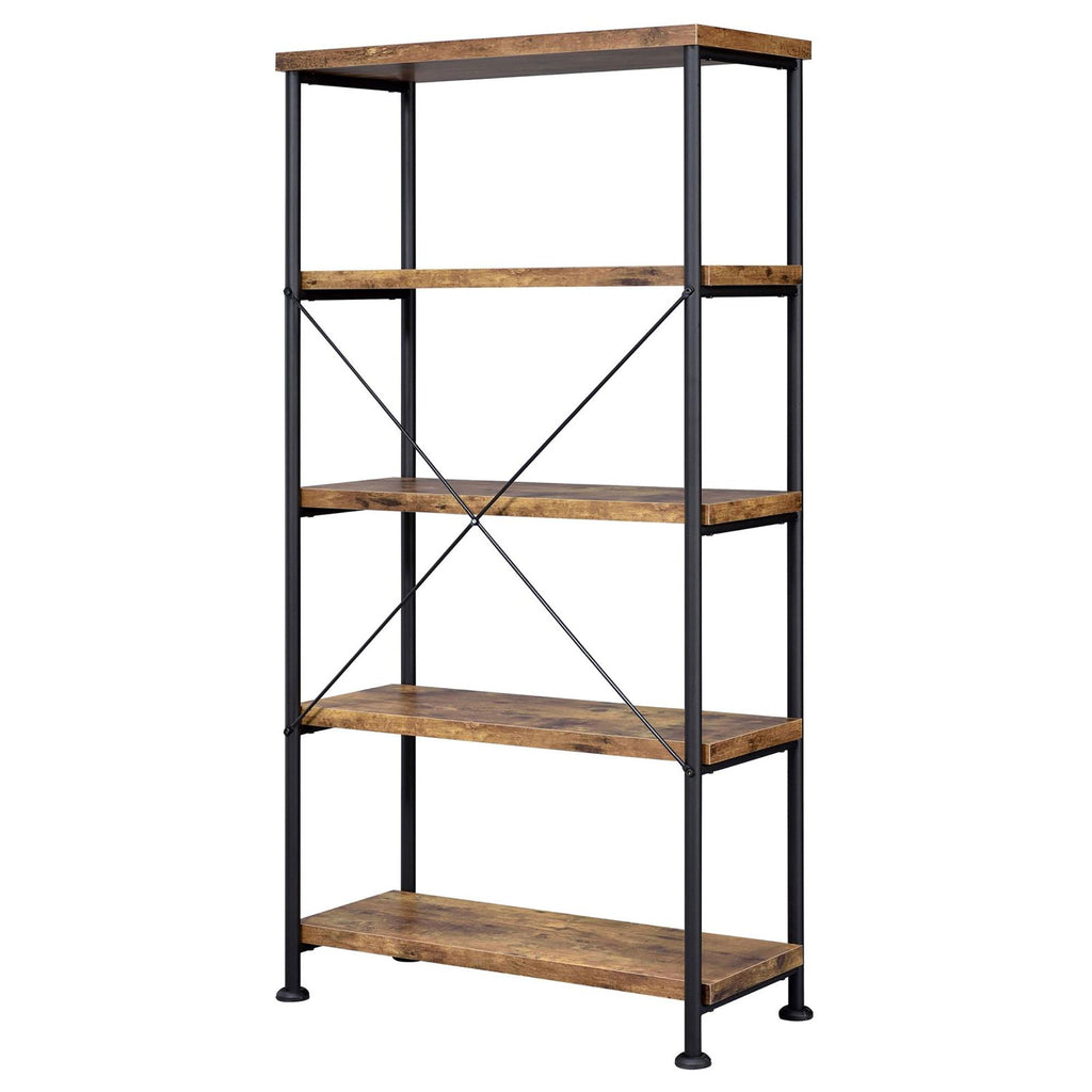 Antique Nutmeg and Black 4-Shelf Bookcase with Industrial Charm