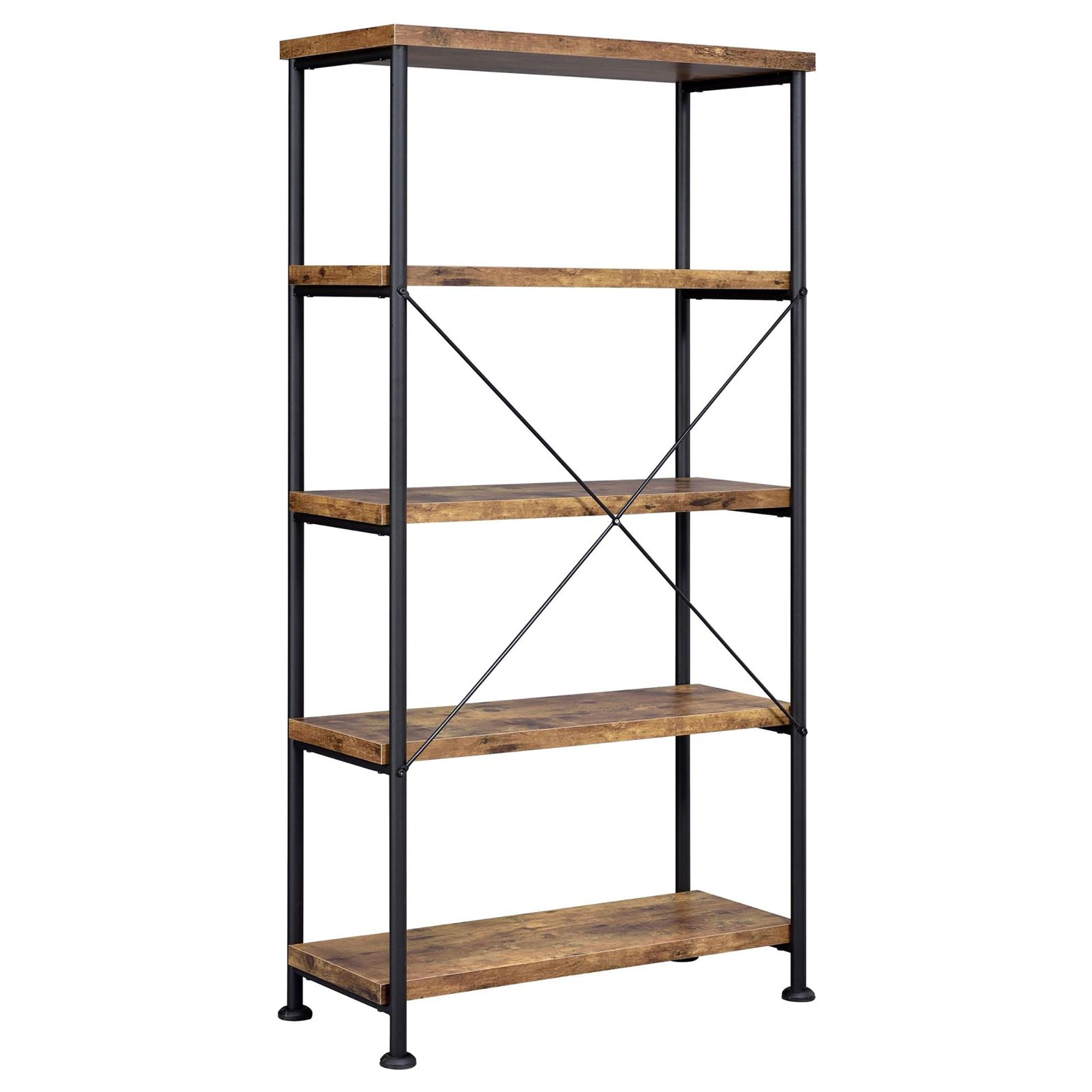 Antique Nutmeg and Black 4-Shelf Bookcase with Industrial Charm