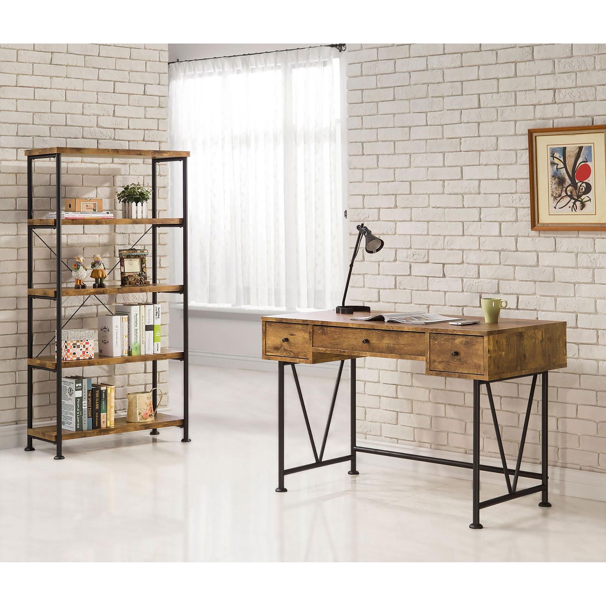 Antique Nutmeg and Black 4-Shelf Bookcase with Industrial Charm