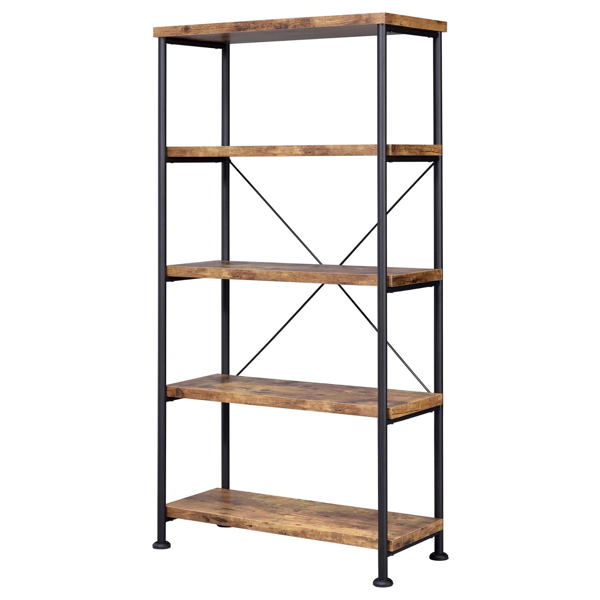 Antique Nutmeg and Black 4-Shelf Bookcase with Industrial Charm