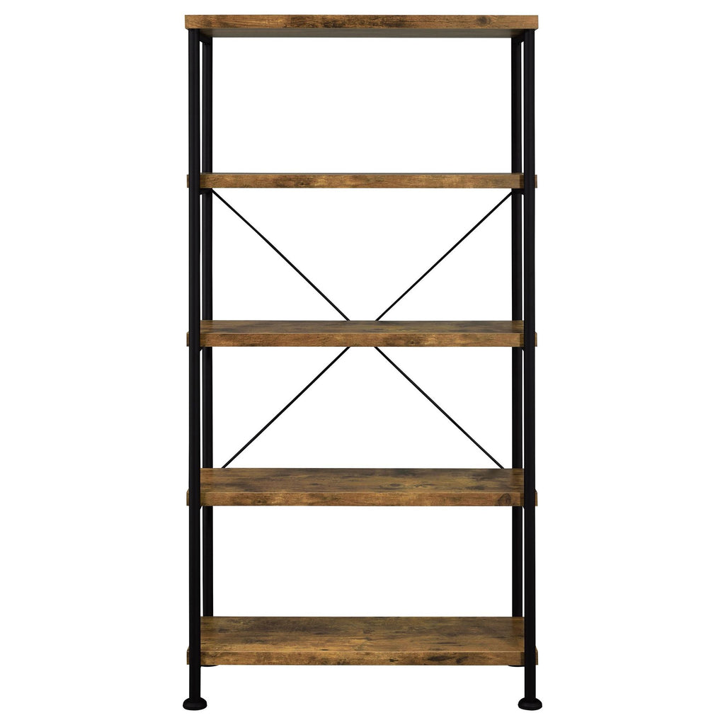 Antique Nutmeg and Black 4-Shelf Bookcase with Industrial Charm