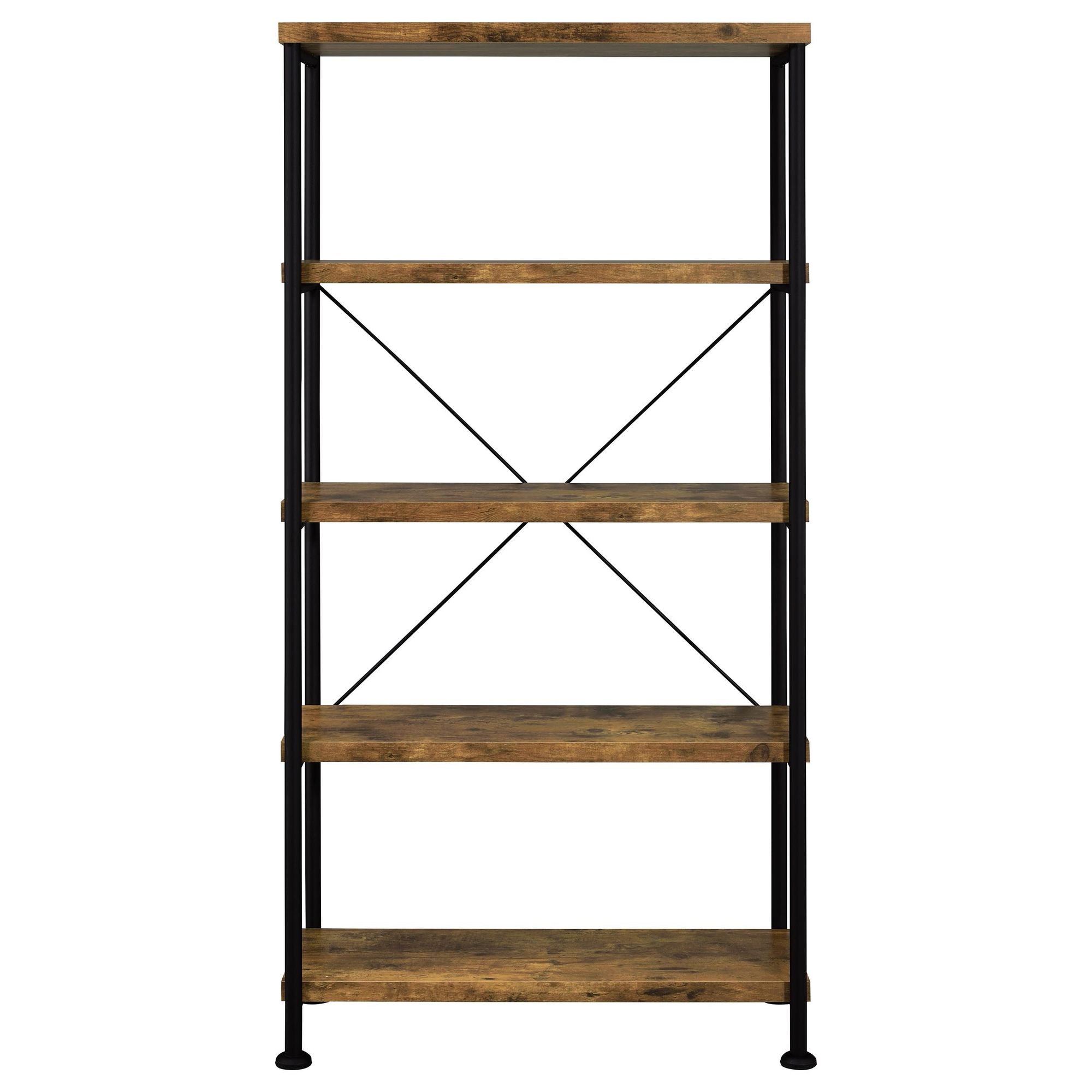 Antique Nutmeg and Black 4-Shelf Bookcase with Industrial Charm