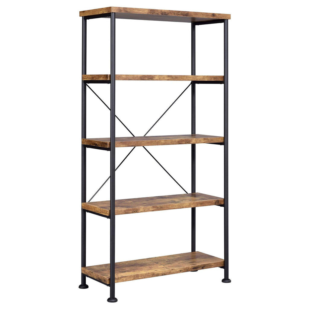 Antique Nutmeg and Black 4-Shelf Bookcase with Industrial Charm