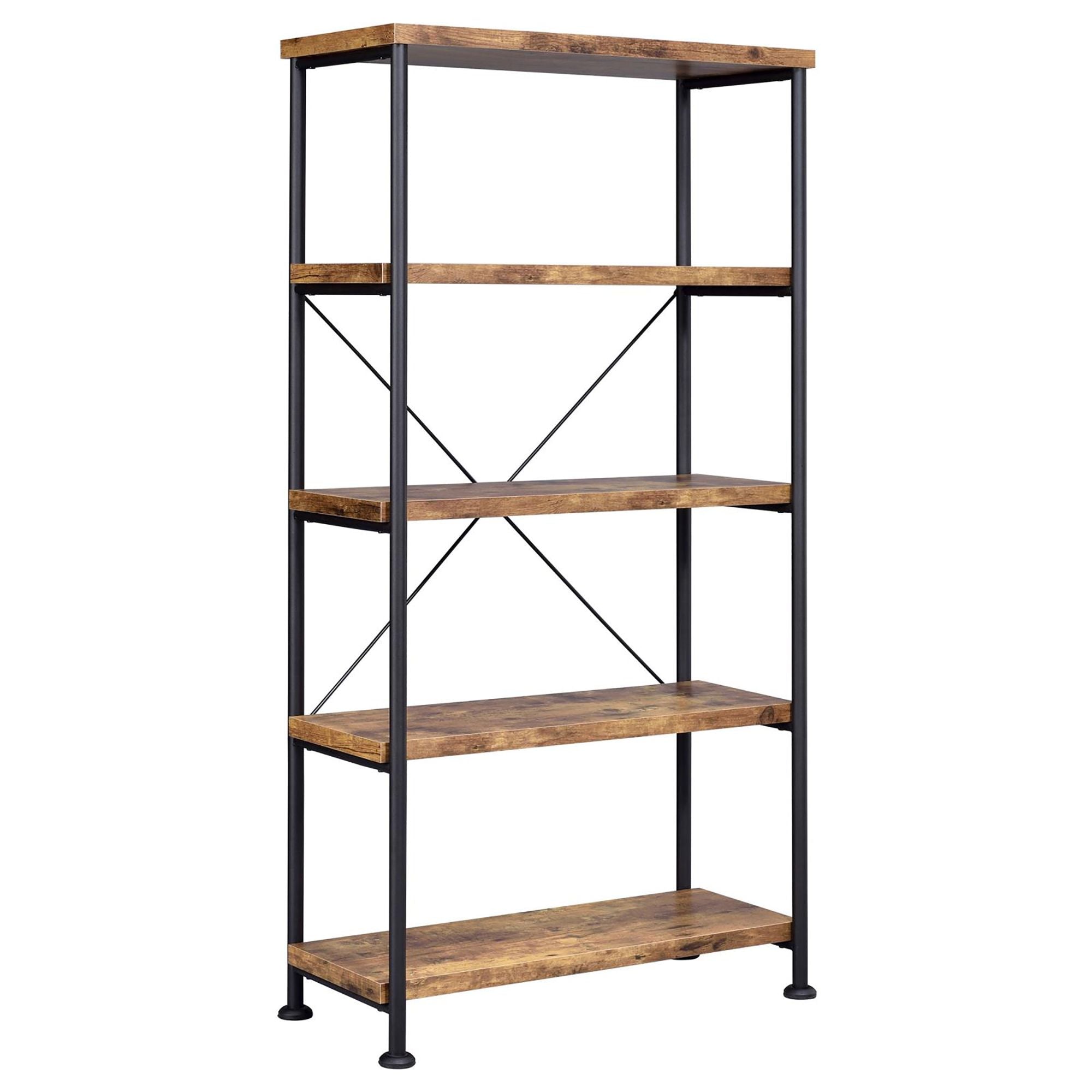 Antique Nutmeg and Black 4-Shelf Bookcase with Industrial Charm