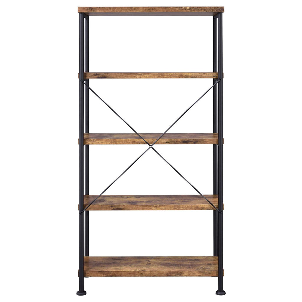 Antique Nutmeg and Black 4-Shelf Bookcase with Industrial Charm