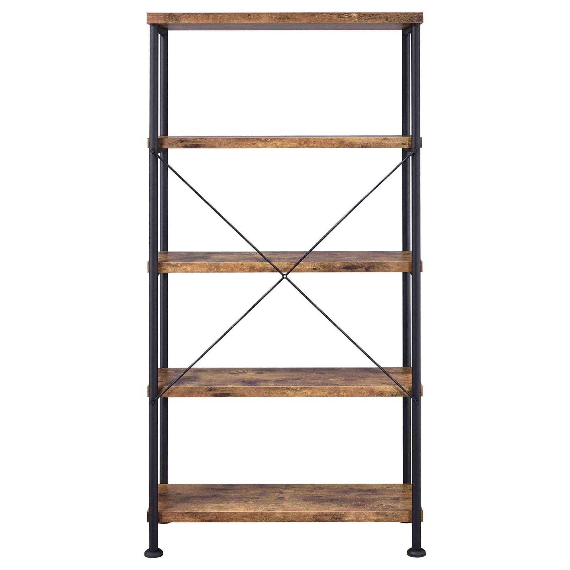 Antique Nutmeg and Black 4-Shelf Bookcase with Industrial Charm