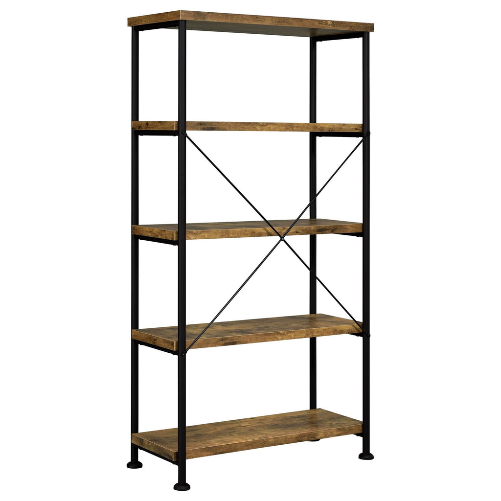 Antique Nutmeg and Black 4-Shelf Bookcase with Industrial Charm