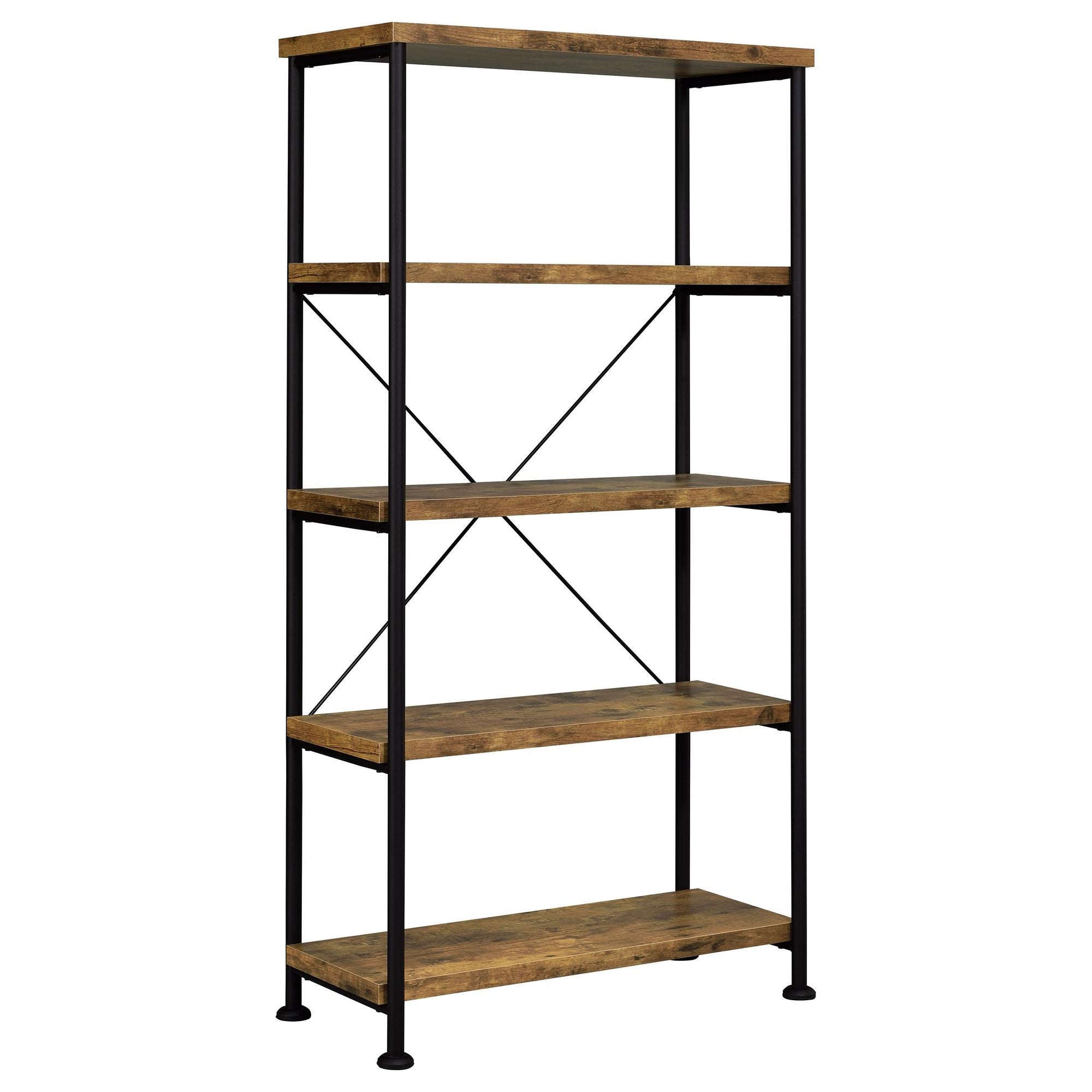 Antique Nutmeg and Black 4-Shelf Bookcase with Industrial Charm