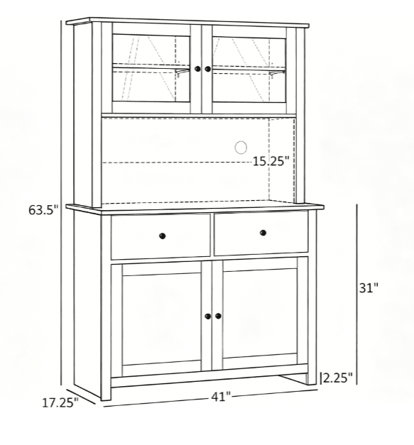 Antique White Kitchen Buffet with Hutch – Glass Doors, Shelves & Microwave Counter