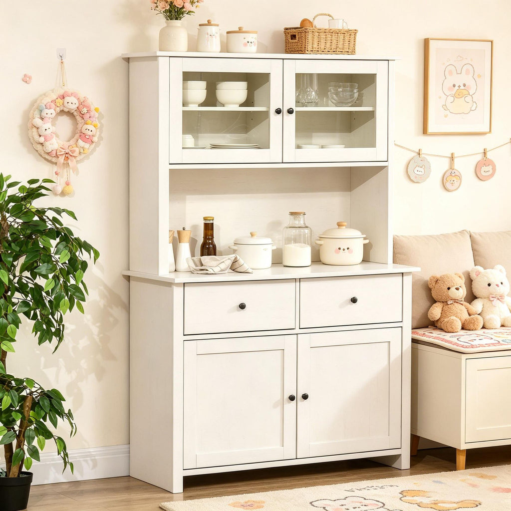 Antique White Kitchen Buffet with Hutch – Glass Doors, Shelves & Microwave Counter