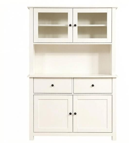 Antique White Kitchen Buffet with Hutch – Glass Doors, Shelves & Microwave Counter
