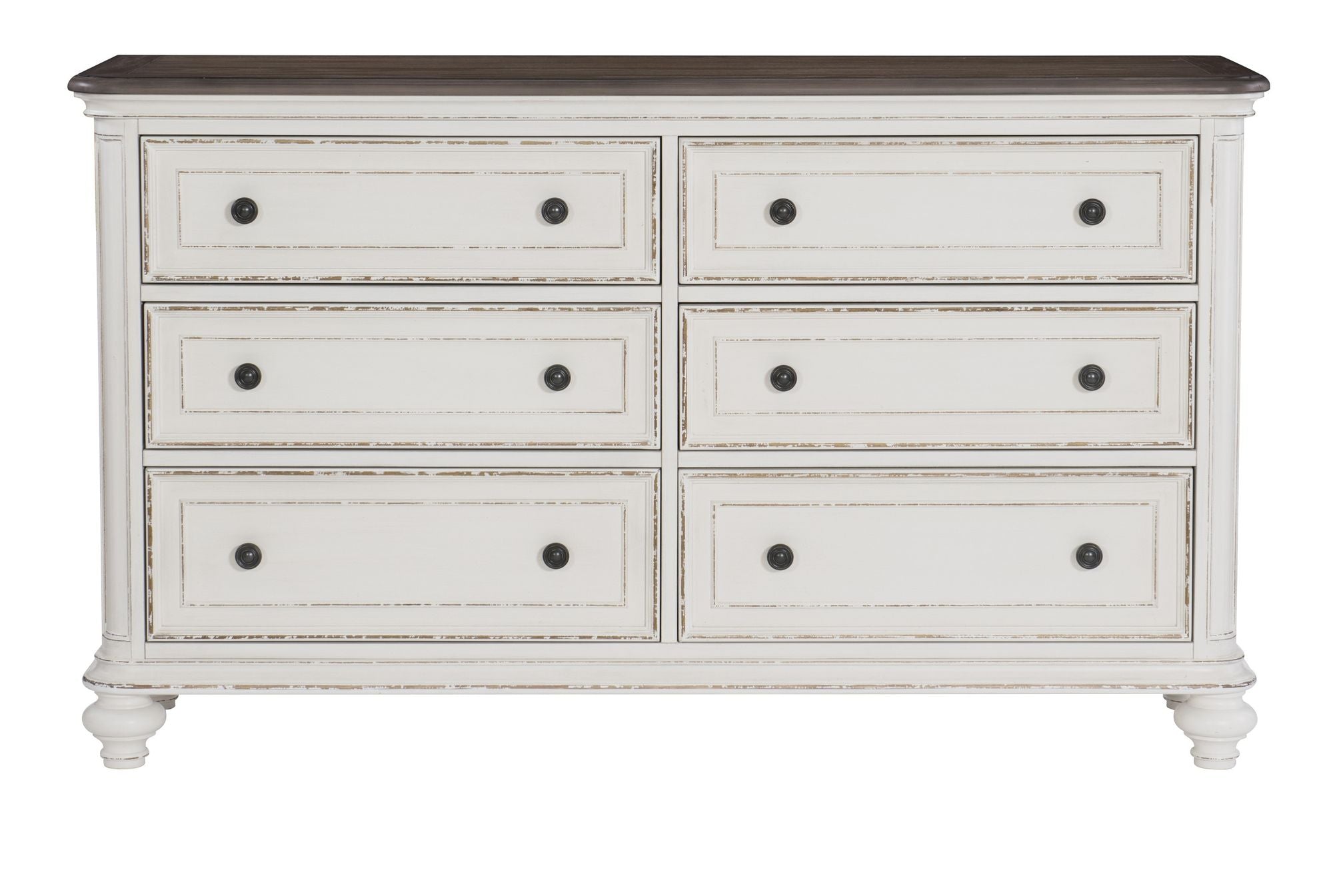 Antique White and Brown Gray Finish1pc Dresser of 6x Drawers Black Knobs Traditional
