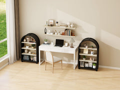 Arched 4-Tier Storage Cabinet with Carved Edges, MDF Bookcase with Black Metal Frame &