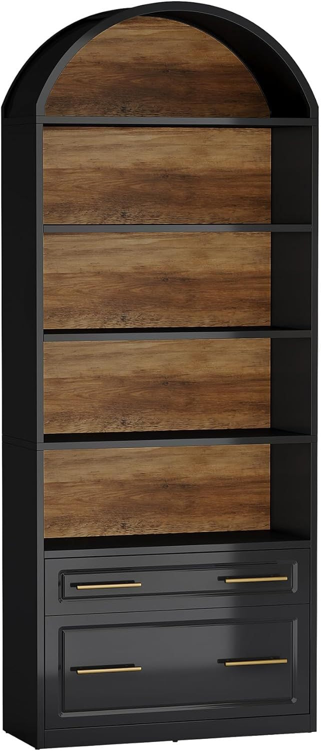Elegant Arched Bookshelf with Ample Storage and Drawers