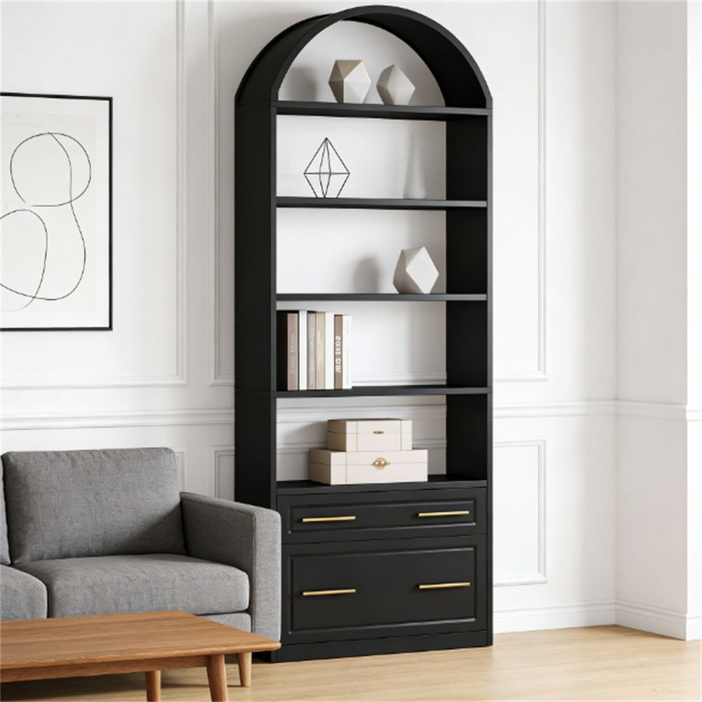 Elegant Arched Bookshelf with Ample Storage and Drawers