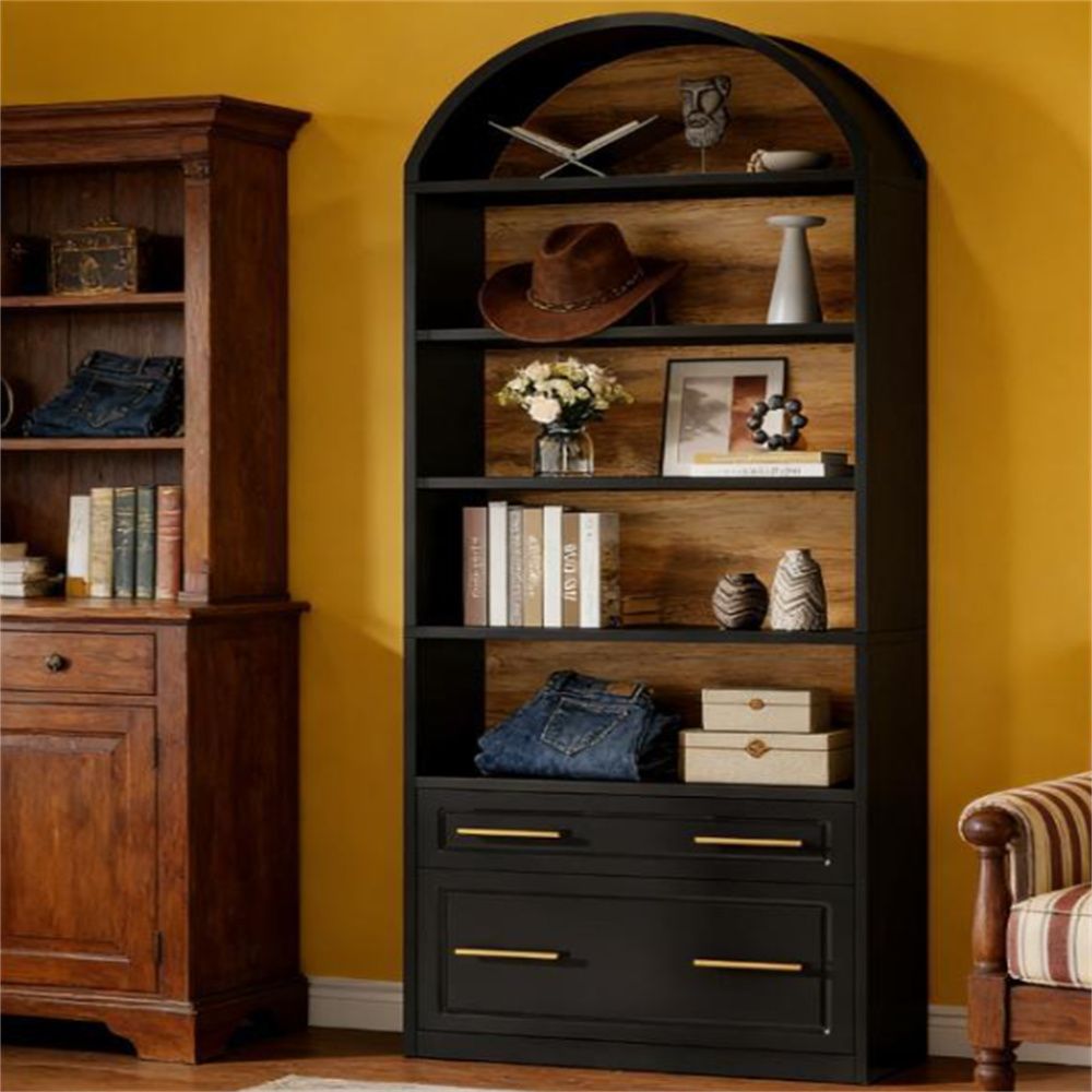 Elegant Arched Bookshelf with Ample Storage and Drawers