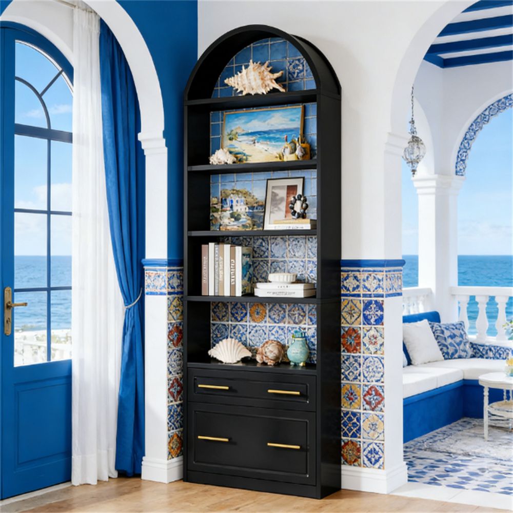 Elegant Arched Bookshelf with Ample Storage and Drawers