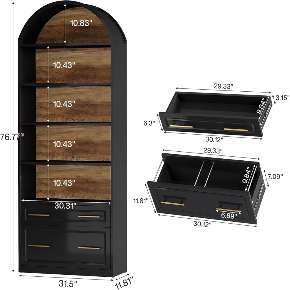 Elegant Arched Bookshelf with Ample Storage and Drawers