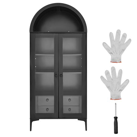 Arched Display Cabinet with Adjustable Shelves and Drawers