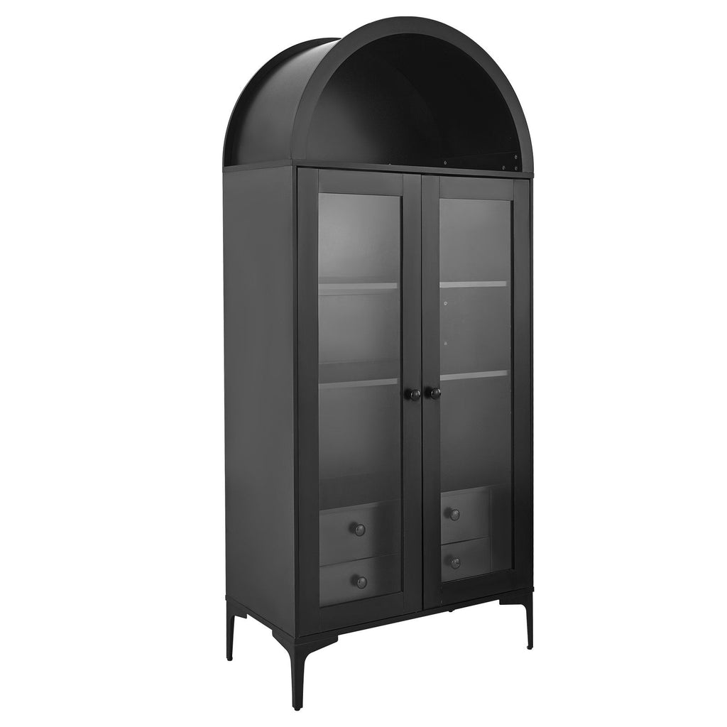 Arched Display Cabinet with Adjustable Shelves and Drawers