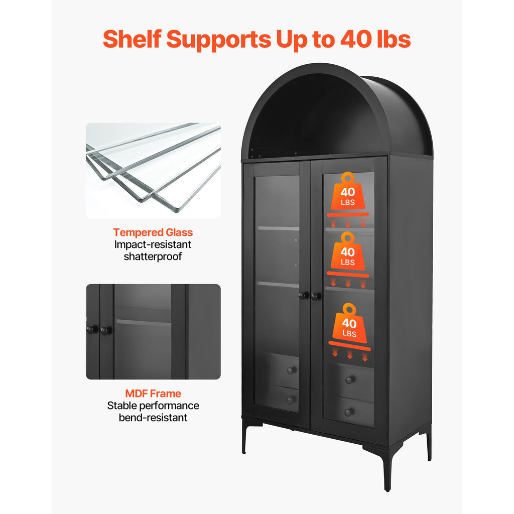 Arched Display Cabinet with Adjustable Shelves and Drawers