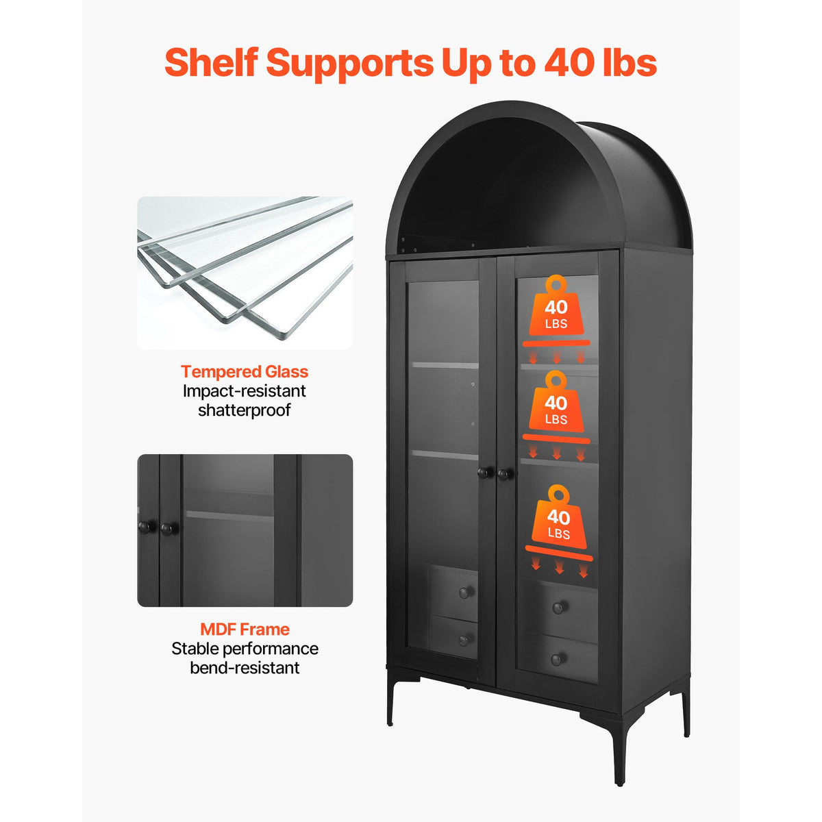Arched Display Cabinet with Adjustable Shelves and Drawers