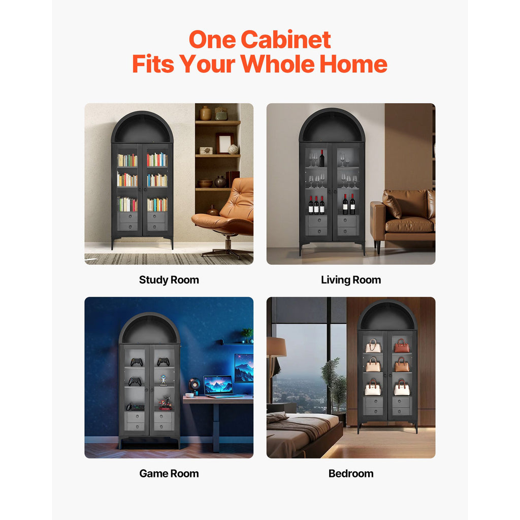 Arched Display Cabinet with Adjustable Shelves and Drawers