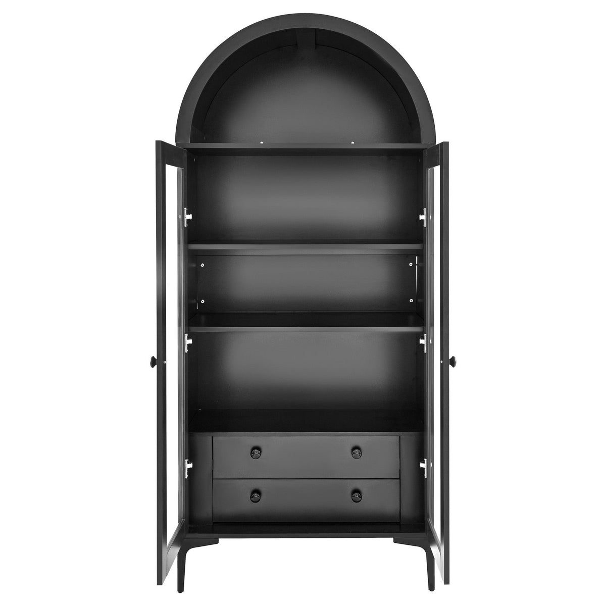 Arched Display Cabinet with Adjustable Shelves and Drawers