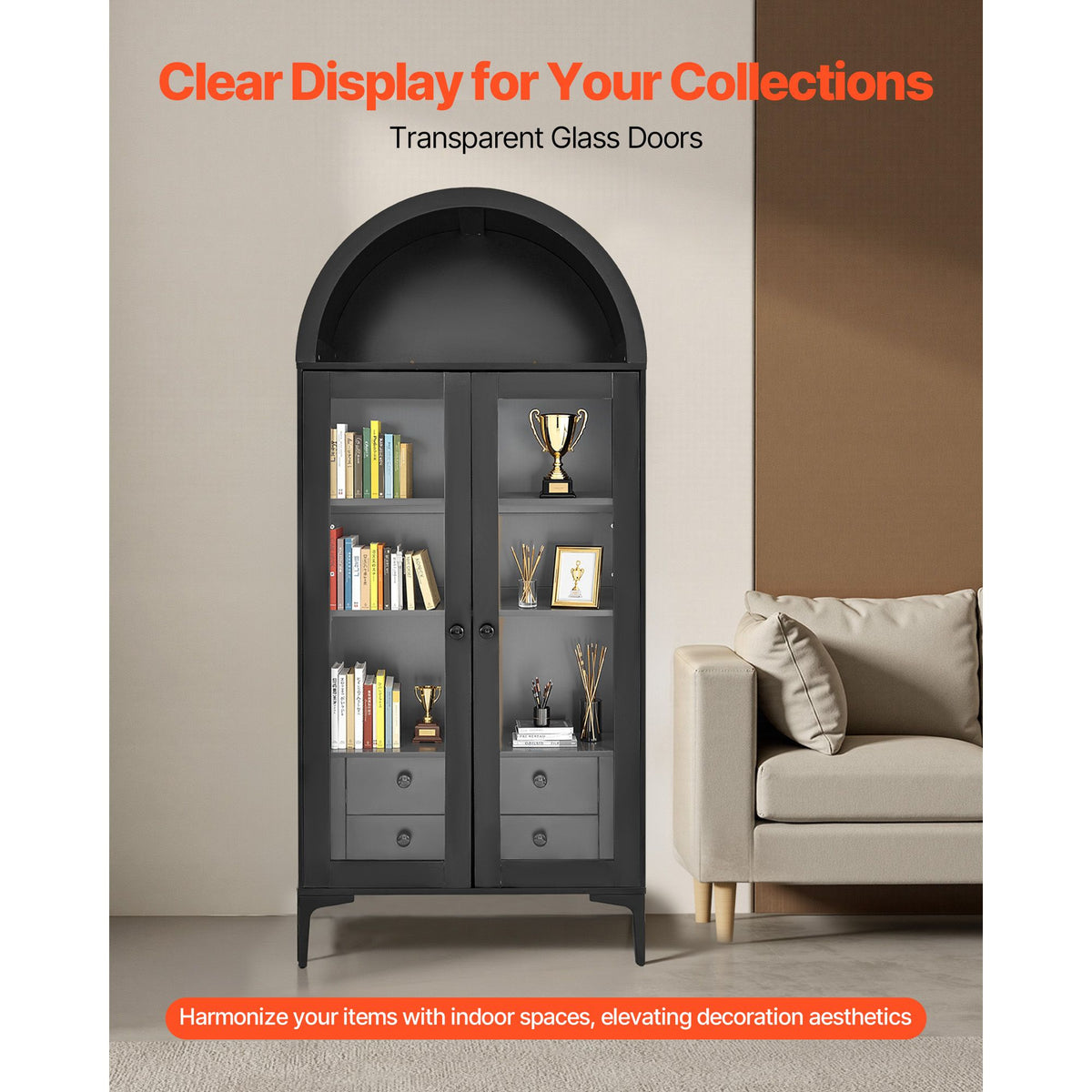 Arched Display Cabinet with Adjustable Shelves and Drawers