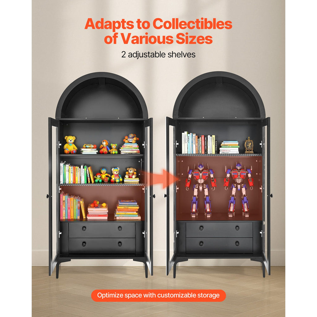 Arched Display Cabinet with Adjustable Shelves and Drawers