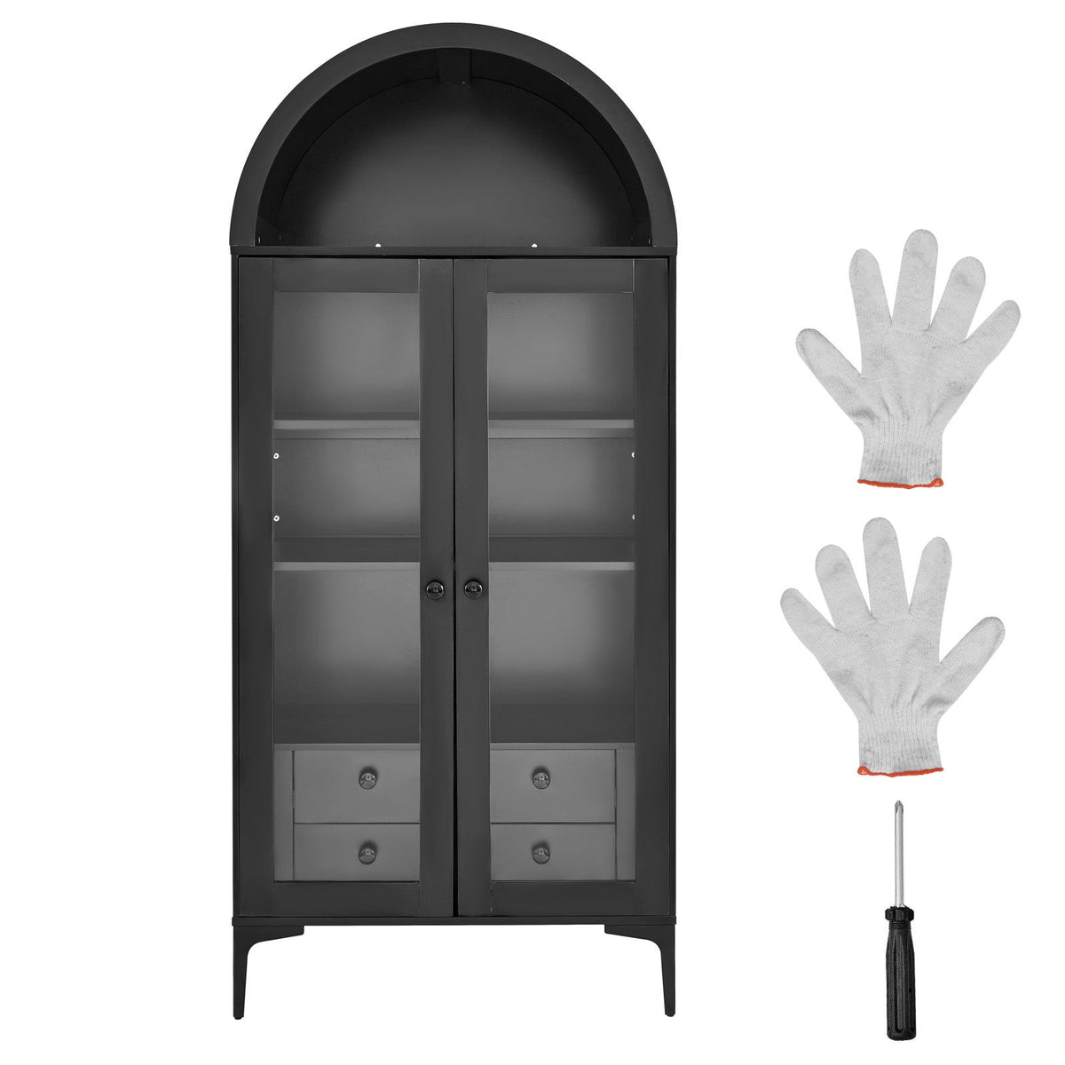 Arched Display Cabinet with Adjustable Shelves and Drawers