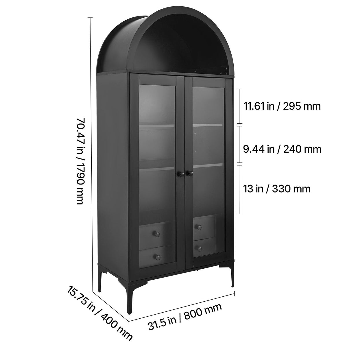 Arched Display Cabinet with Adjustable Shelves and Drawers