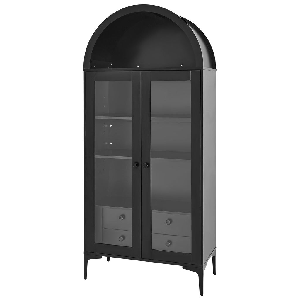 Arched Display Cabinet with Adjustable Shelves and Drawers