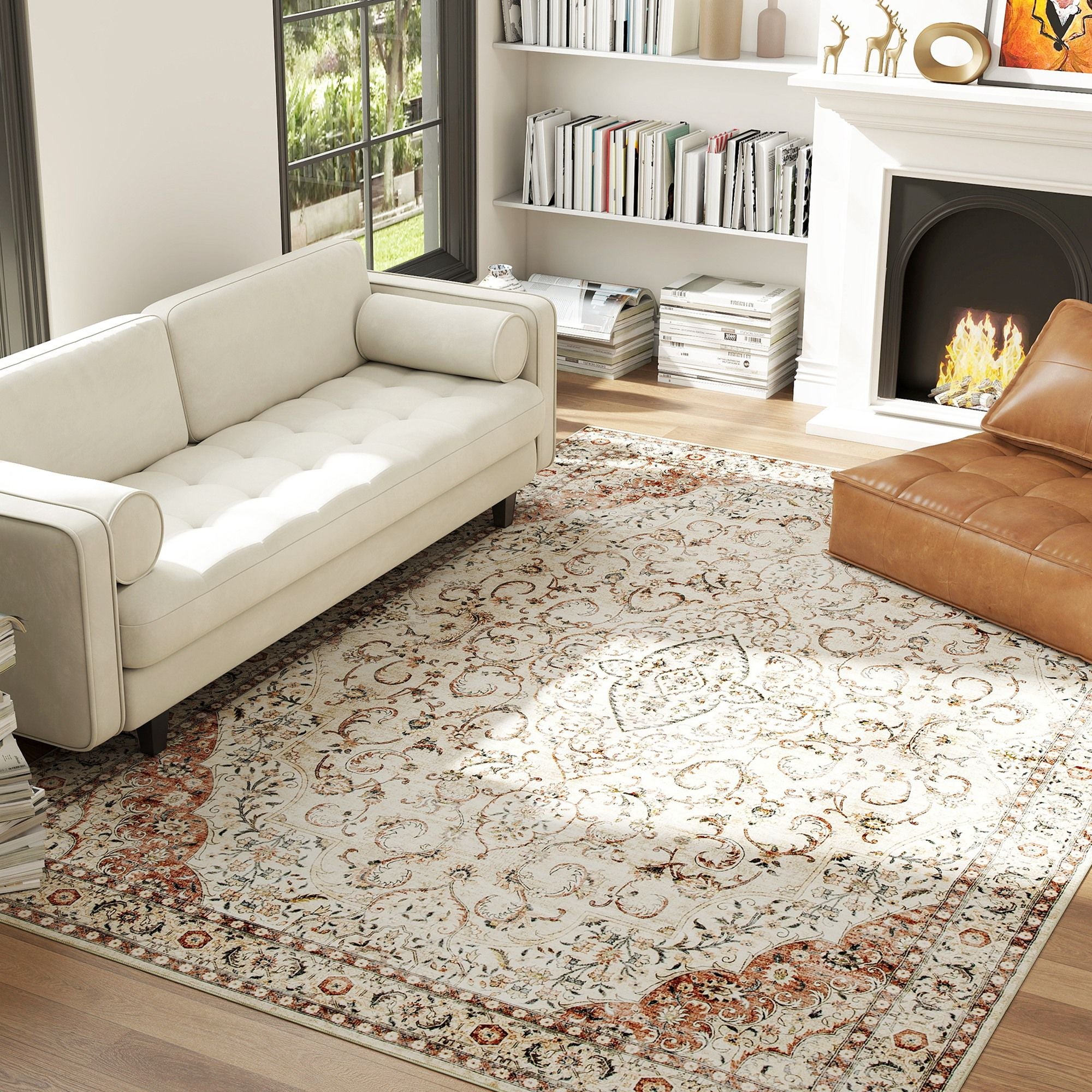 Elegant Machine Washable Area Rug with Classic Floral Design