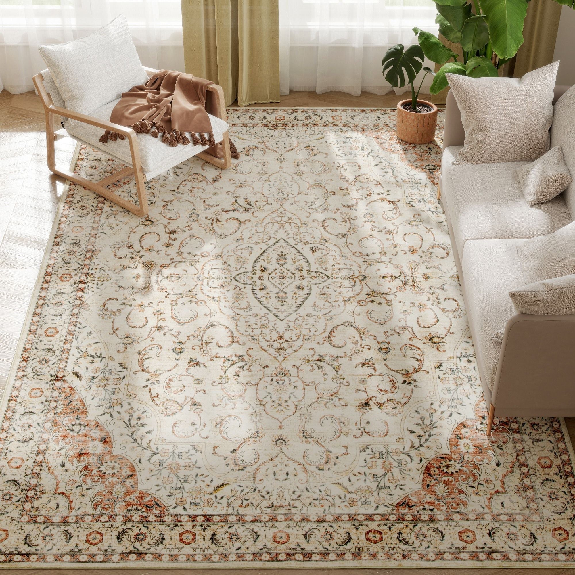 Elegant Machine Washable Area Rug with Classic Floral Design