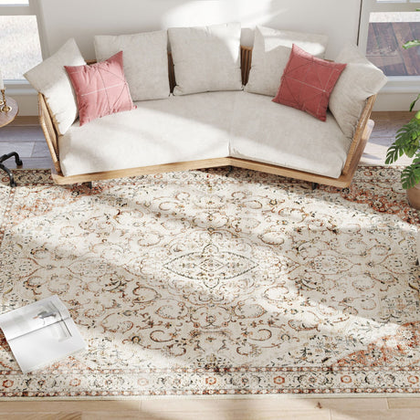 Elegant Machine Washable Area Rug with Classic Floral Design