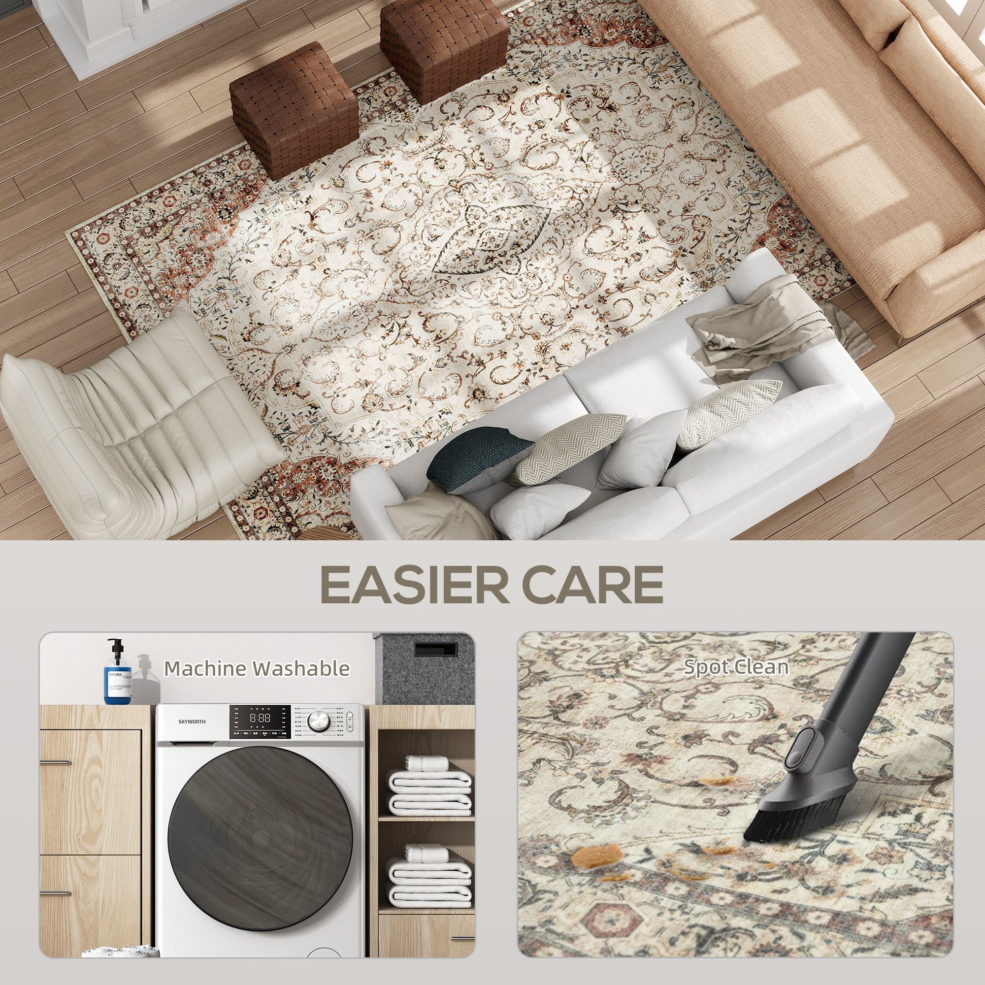 Elegant Machine Washable Area Rug with Classic Floral Design