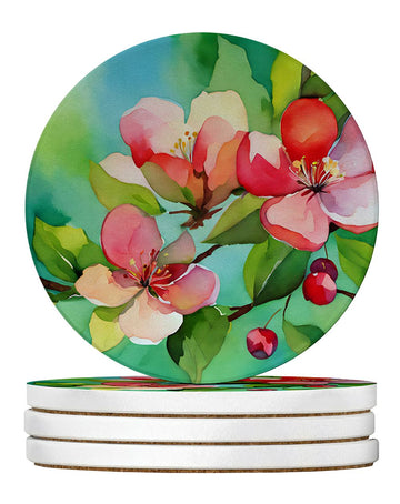 Arkansas Apple Blossom Watercolor Sandstone Coasters, Set of 4 Absorbent Round Drink Coasters