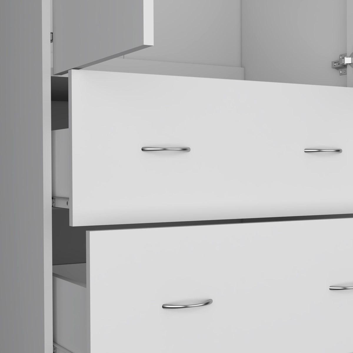 White Two-Door Armoire with Drawers and Hanging Rod