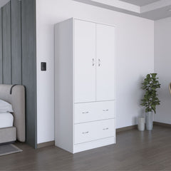 White Two-Door Armoire with Drawers and Hanging Rod