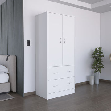 White Two-Door Armoire with Drawers and Hanging Rod