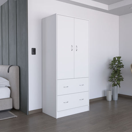 White Two-Door Armoire with Drawers and Hanging Rod