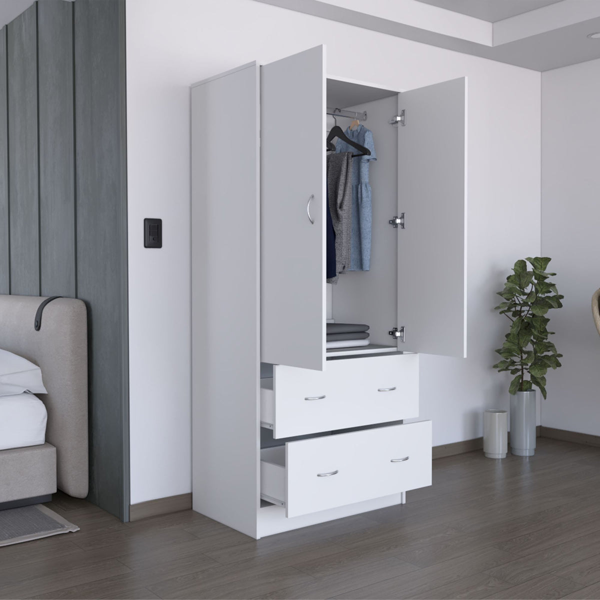 White Two-Door Armoire with Drawers and Hanging Rod